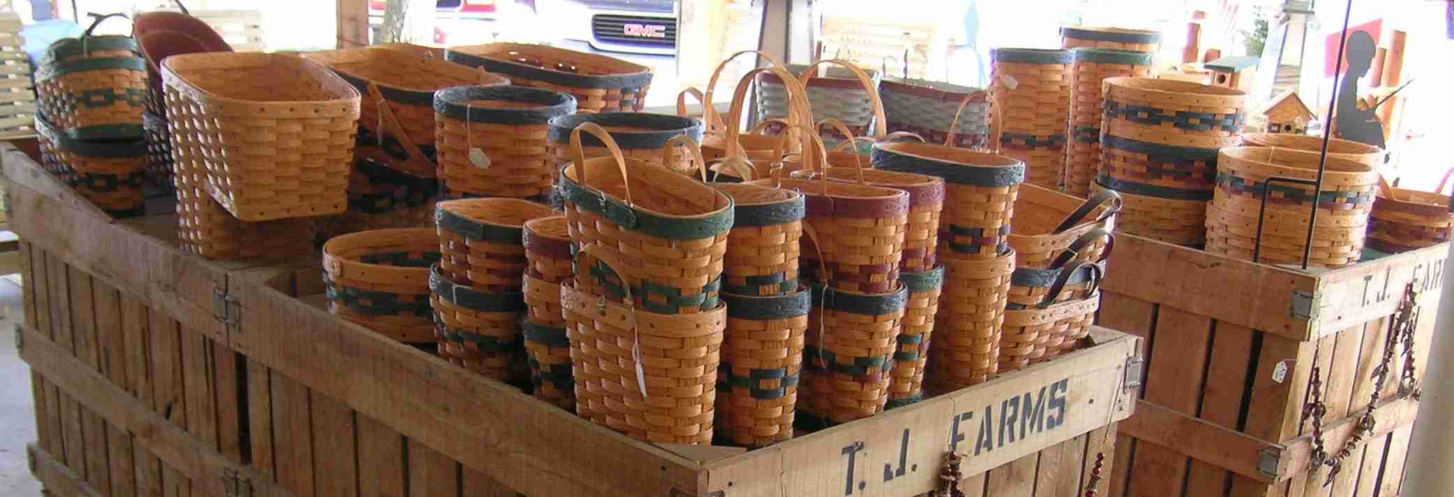 Various sizes and colors of baskets.