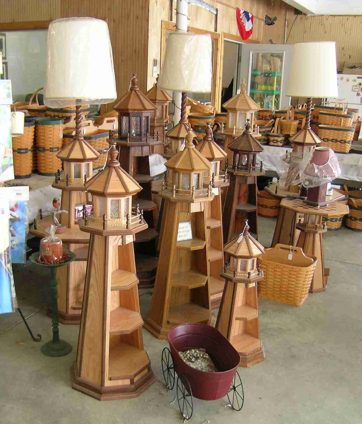 Variety of lighthouse furniture including lamps, chess table, and shelf units.